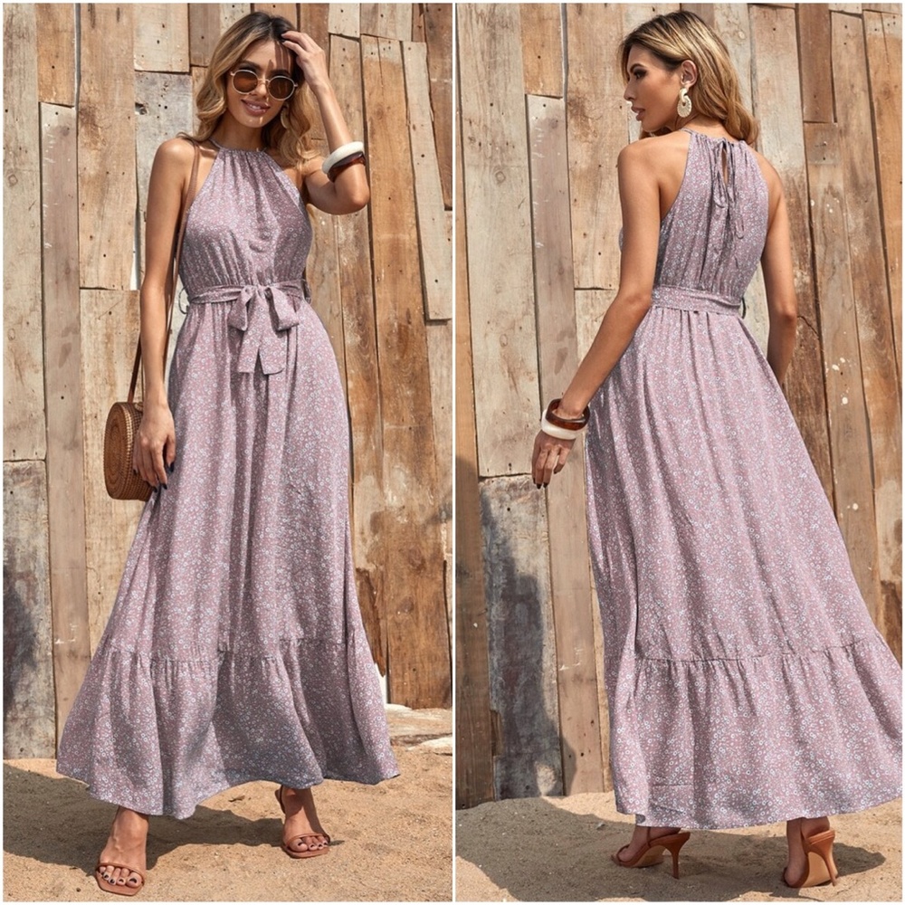 Boho Floral Print Halter Ruffle Maxi Dress Red - Picture 2 of 6
